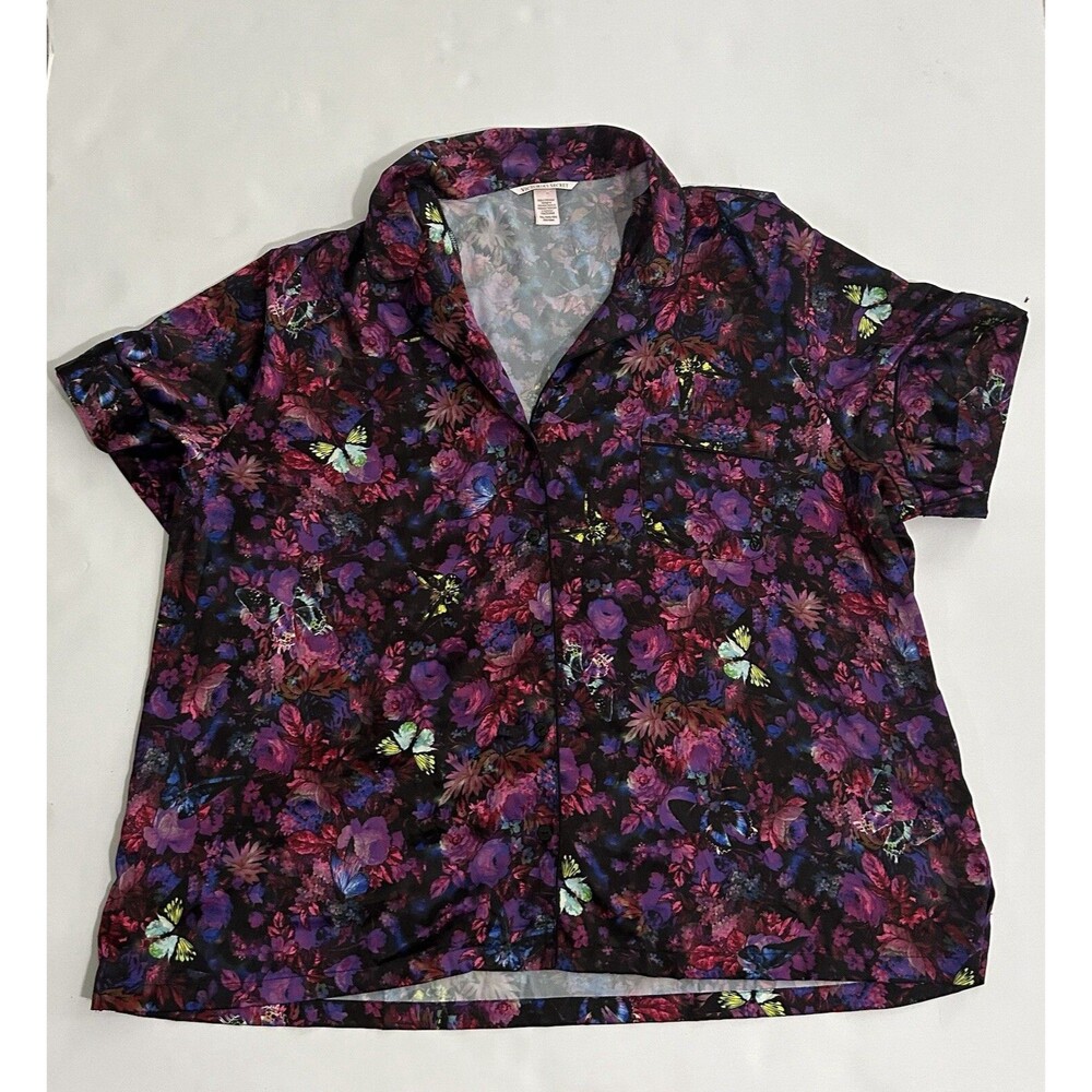Victorias Secret Satin Notch Pajama Top Womens Large Floral Butterfly 2XL